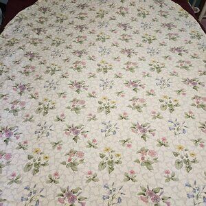 FLORAL BEAUTIFUL TABLECLOTH FROM AVON PATTERN OF PINKS PURPLES YELLOW  VINTAGE